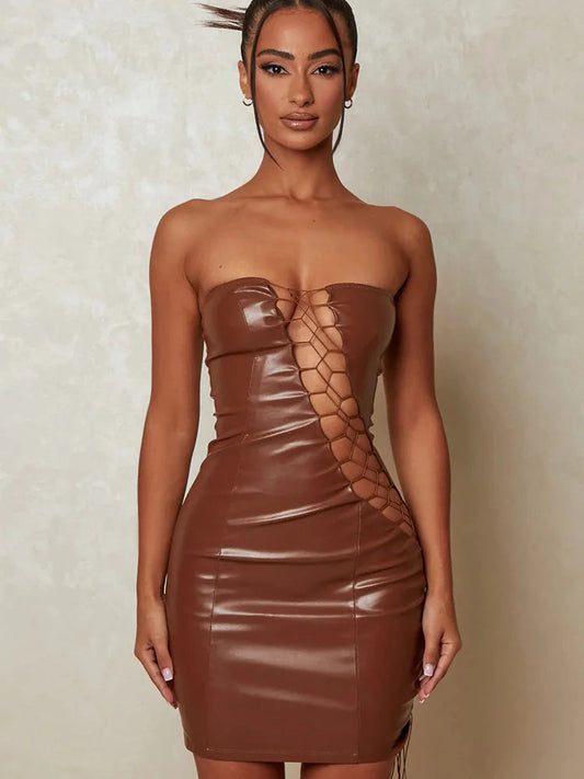 Pu Leather Strapless Sleeveless Mini Dress Cut Out Dresses