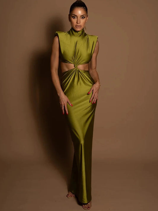 Hollow Out Turtleneck Maxi Dress for Sleeveless Bodycon Tank Dresses Femme Club Party Dress
