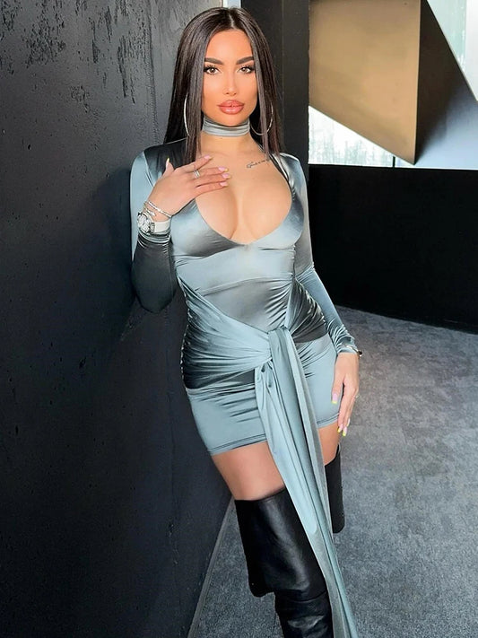 Irregular Mini Dress for Low Cut Long Sleeve Ruched Bodycon Dress Femme Club Party Dress New