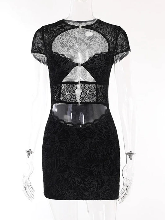 Lace Hollow Out Print Mini Dress for Robe Autumn New Black Strapless Short Sleeve Skinny Club Dress