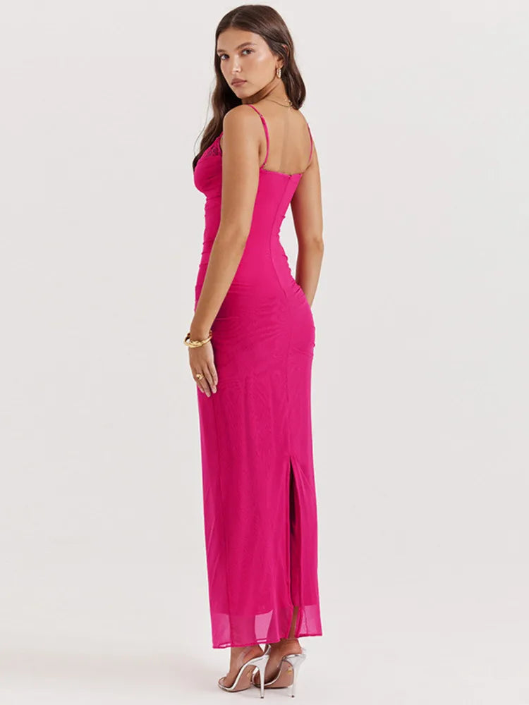 Lace Mesh Backless Maxi Dress for New Spaghetti Strap Sleeveless Bodycon Club Party Dress