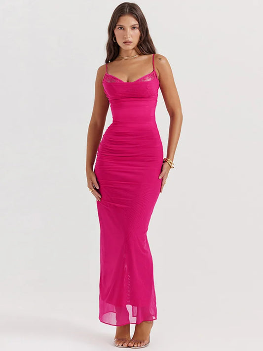 Lace Mesh Backless Maxi Dress for New Spaghetti Strap Sleeveless Bodycon Club Party Dress