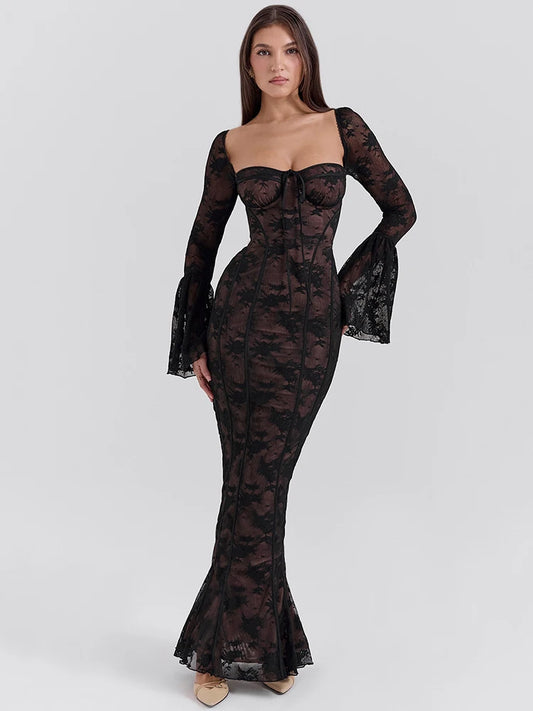 Lace Print Long Flare Sleeve Maxi Dress for Square Collar Backless Bodycon Club Party Dress