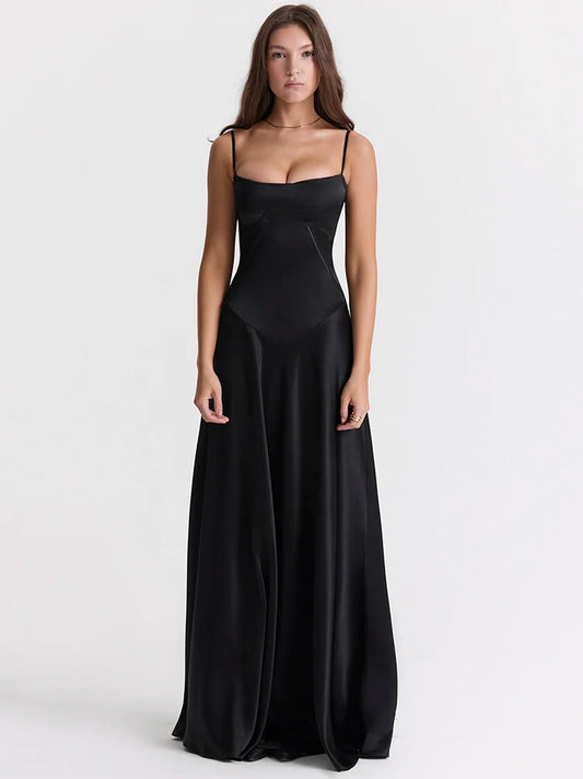 Lace-up Satin Maxi Slipdress Black Spaghetti Strap Sleeveless Backless Maxi Dress Femme Club Party Evening Dress