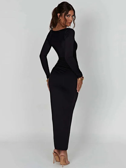 Square Collar Drawstring High Split Maxi Dress Autumn Cut Out Dresses
