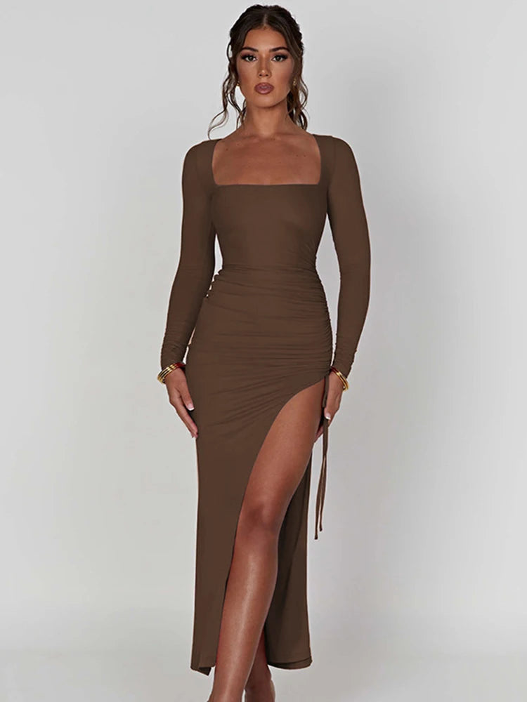 Square Collar Drawstring High Split Maxi Dress Autumn Cut Out Dresses