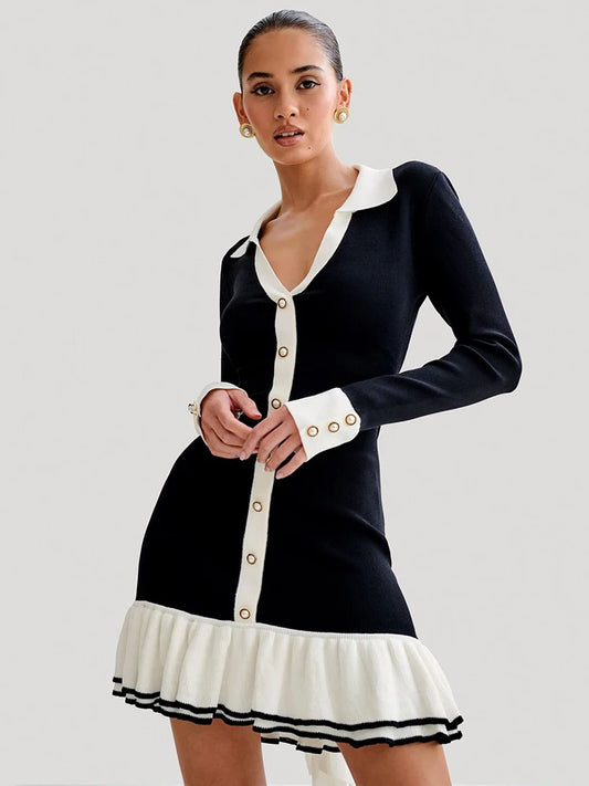 Long Sleeve Ruffled Knit Mini Dress for Autumn New V Neck Pearl Single-breasted Bow Bandage Knitted Dress