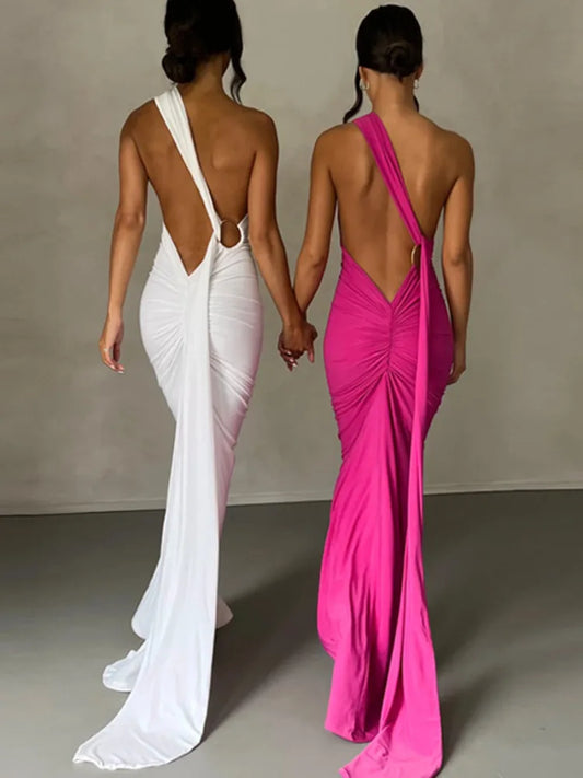 Oblique Shoulder Backless Maxi Dress for Gown Summer Back Strap Sleeveless Ruched Party Long Dress Vestidos