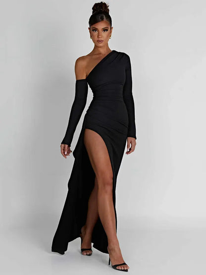 Mozision Oblique Shoulder Thigh High Split Long Sleeve Maxi Dress