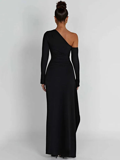 Mozision Oblique Shoulder Thigh High Split Long Sleeve Maxi Dress