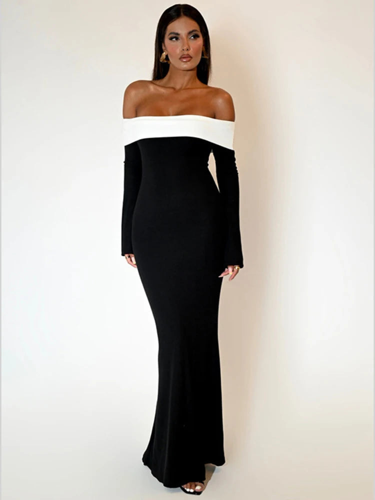 Contrast Color Off-shoulder Backless Maxi Dress