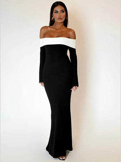 Contrast Color Off-shoulder Backless Maxi Dress