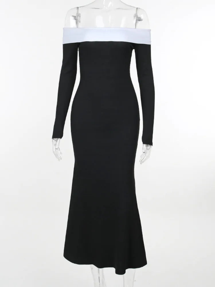Contrast Color Off-shoulder Backless Maxi Dress