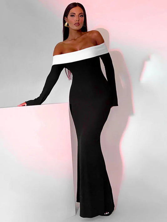 Contrast Color Off-shoulder Backless Maxi Dress