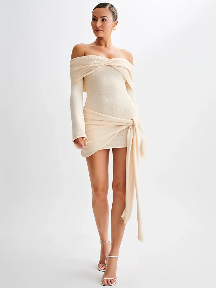 Off-shoulder Knit Mini Dress for Autumn Winter New Strapless Backless Long Sleeve Ruched Draped Knitted Dress