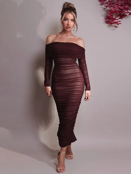 Off-shoulder Long Sleeve Maxi Dress for Autumn New Strapless Backless Bodycon Ruched Party Long Dress