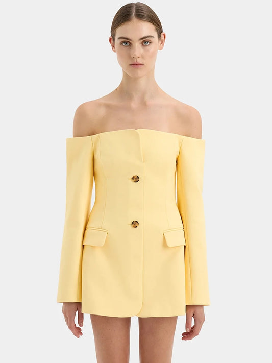 Off-shoulder Strapless Blazer Dress for Zipper Two Pocket Long Sleeve Backless Mini Dress