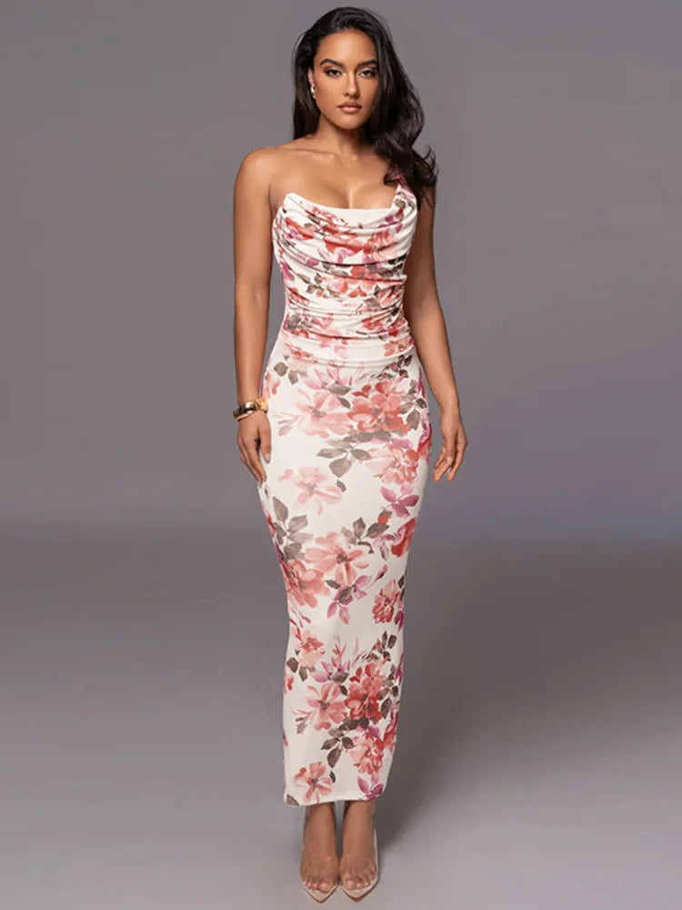 One Shoulder Print Midi Dress for Off-shoulder Backless Sleeveless Bodycon Club Party Long Dress