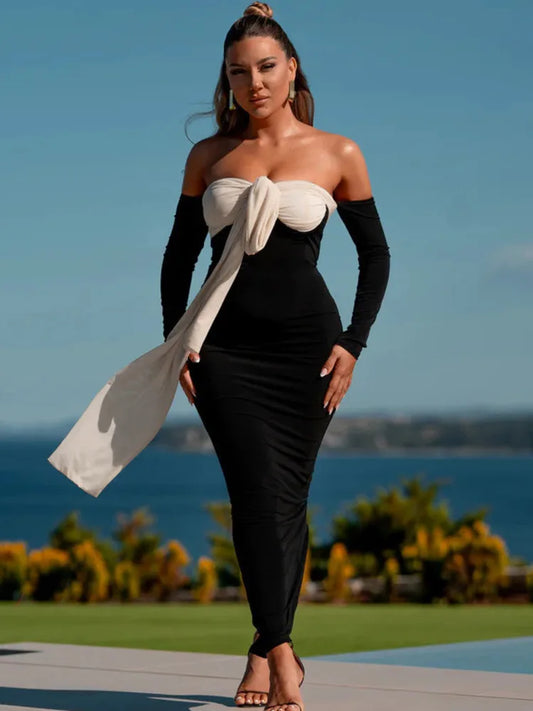 Patchwork Off-shoulder Maxi Dress for Gown Contrast Color Strapless Long Sleeve Bodycon Long Dress