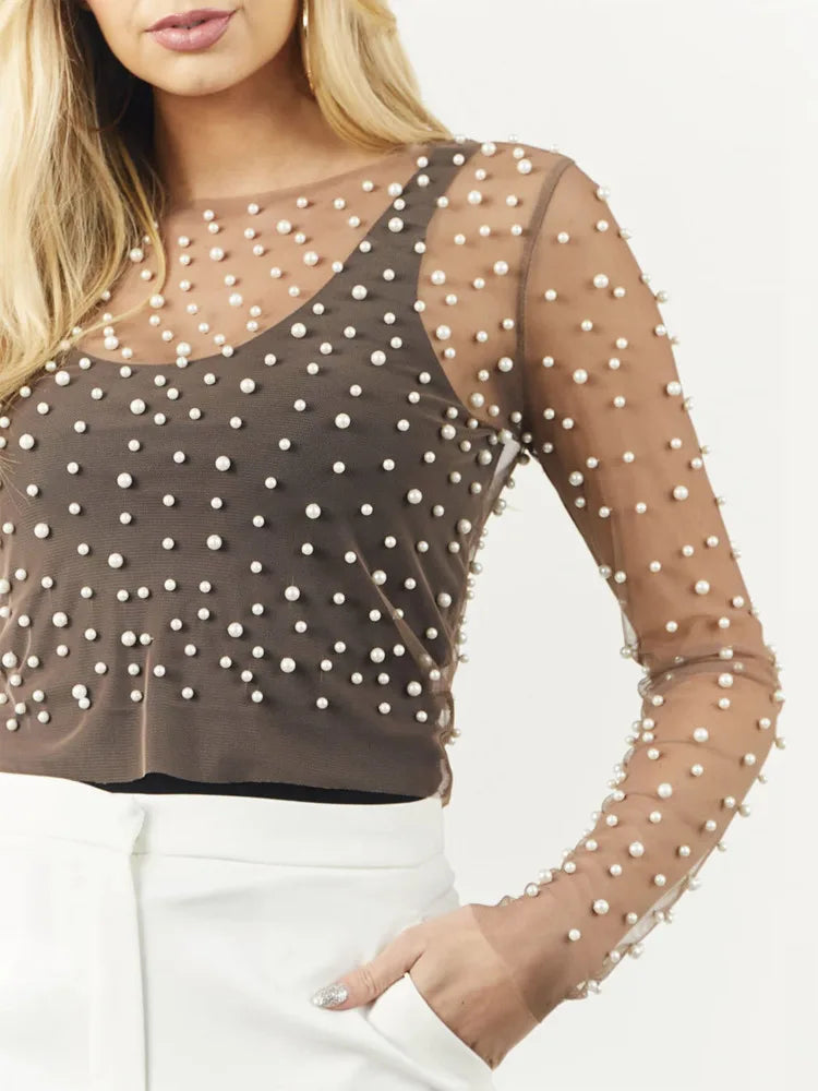 Pearl Mesh See Through T-shirt Long Sleeve Pullover Blouse Summer U Neck Tee Shirt Tops