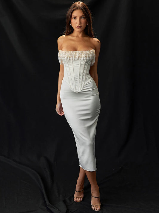 Pearl Tassel Midi Dress for Party Outfits Off-shoulder Strapless Backless Bodycon Club Dress