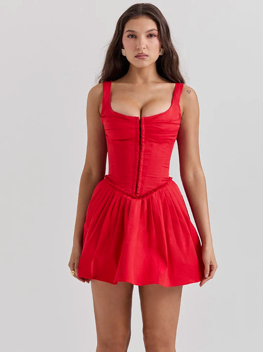 Red Sleeveless Mini Dress Square Collar Backless Corset Dress Femme A-line Club Party Dress