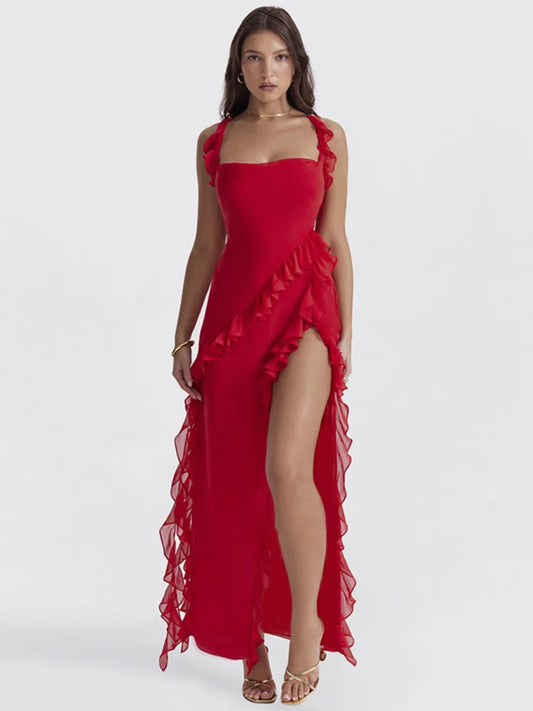 Ruffle Thigh High Split Midi Dress for Robe Spaghetti Strap Sleeveless Backless Bodycon Slipdress Vestidos