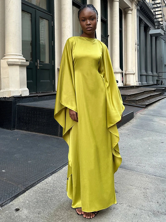 Satin Cloak Long Sleeve Loose Kaftan for New O Neck Long Dress