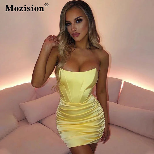 Satin Strapless Ruched Dress for Summer Off-shoulder Sleeveless Bodycon Party Clubwear Mini Dresses Vestidos