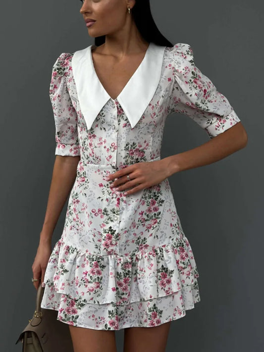 Short Sleeve Mini Dress for Robe Turn-down Collar French Dress High Waist Dresses