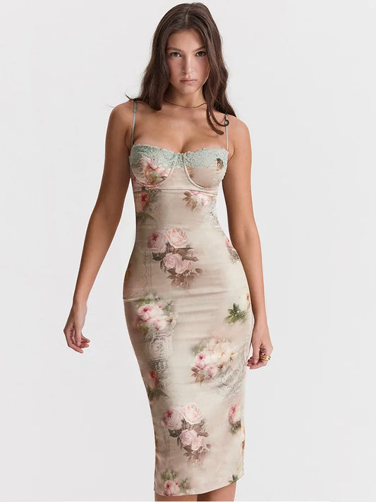 Spaghetti Strap Lace Print Midi Dress for Robe Strapless Backless High Waist Bodycon Club Party Long Dress