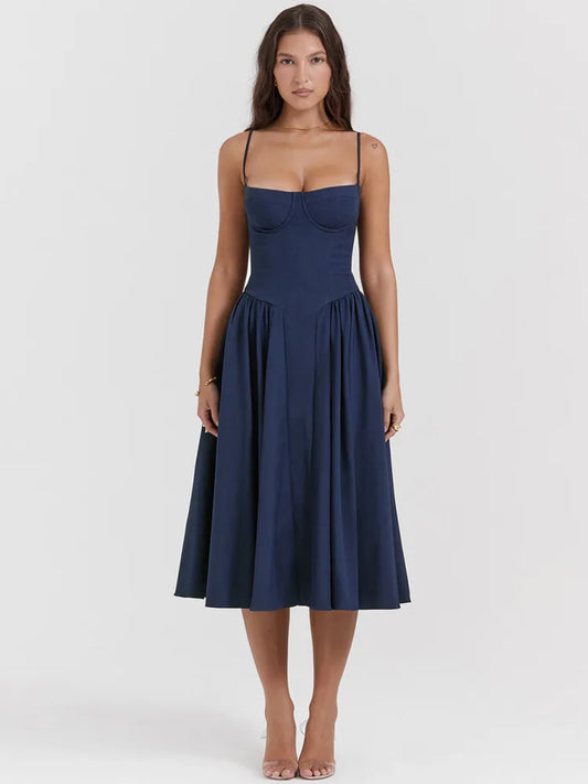 Spaghetti Strap Sleeveless A-line Midi Dress for Summer New Backless Pleated Slipdress Loose Dress