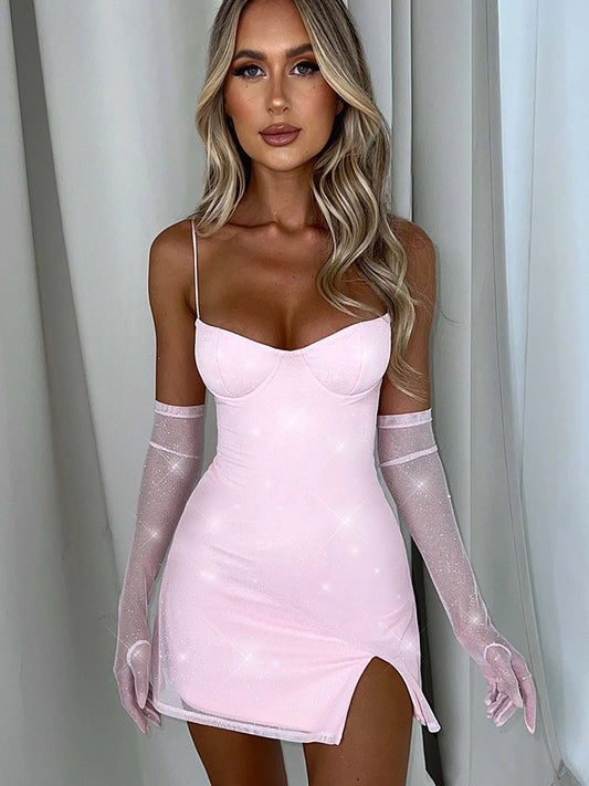Sparkle Mini Dress New Spaghetti Strap With Sleeve Backless Sleeveless Glitter Club Party Dress Vestido