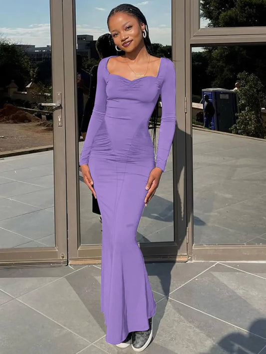 Square Collar Long Sleeve Long Dress for Gown Autumn Bodycon Maxi Dress Clubwear