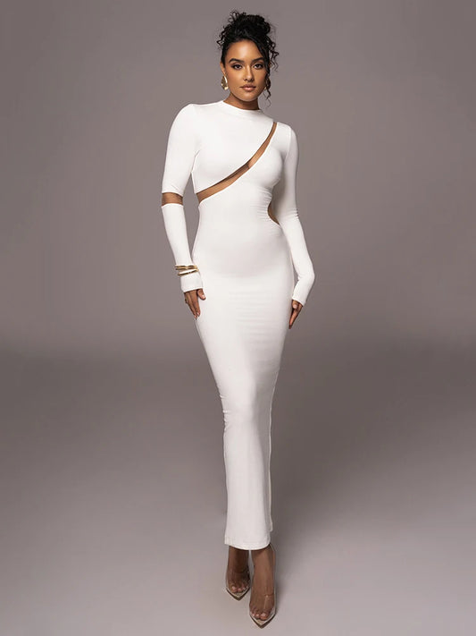 Turtleneck Long Sleeve Bodycon Maxi Dress for Autumn New Patchwork Hollow Out Club Party Long Dress Vestidos