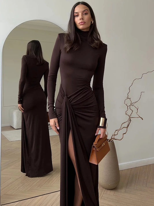 Turtleneck Thigh High Split Maxi Dress for Long Sleeve Draped Bandage Bodycon Club Long Dress