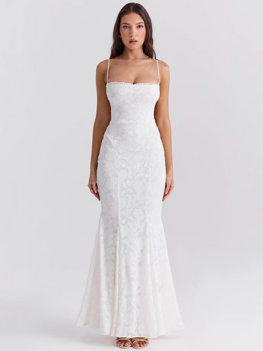 White Backless Lace-up Maxi Dress for Gown Summer New Spaghetti Strap Sleeveless Bodycon Party Long Dress