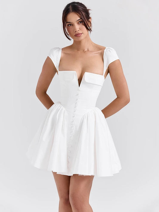 White Backless Mini Dress for Square Collar Short Sleeve High Waist A-line Club Party Dress