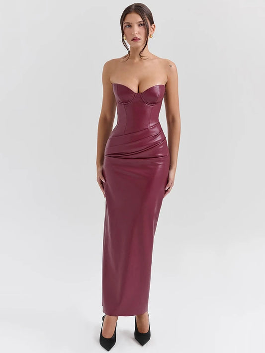 Wine Red Strapless Pu Leather Maxi Dress Off-shoulder Backless Lace-up Bodycon Club Party Long Dress