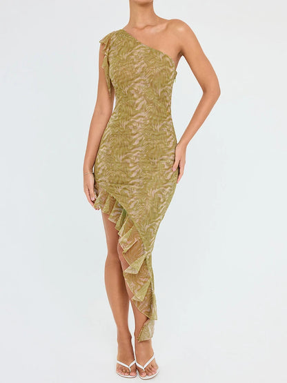 Mozsion Ruffle Print Midi Dress for Diagonal Collar Sleeveless Backless Irregular Club Party Dress Vestidos