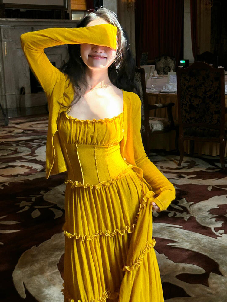 Mustard Yellow Ruched Ruffle Maxi Dress & Bright Summer Statement