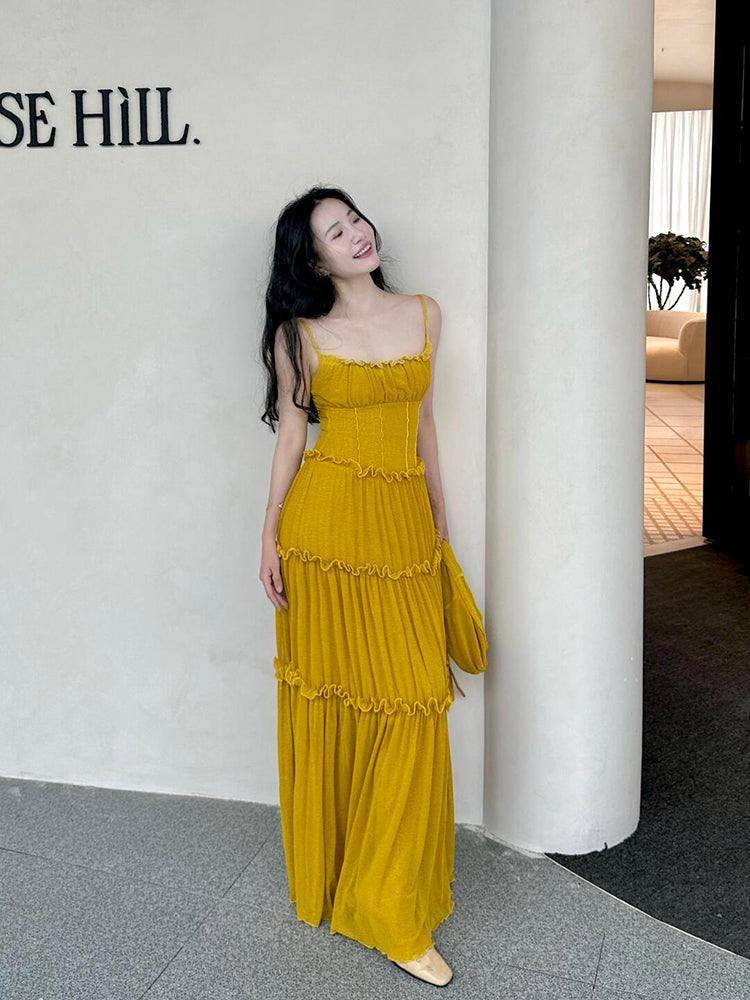 Mustard Yellow Ruched Ruffle Maxi Dress & Bright Summer Statement