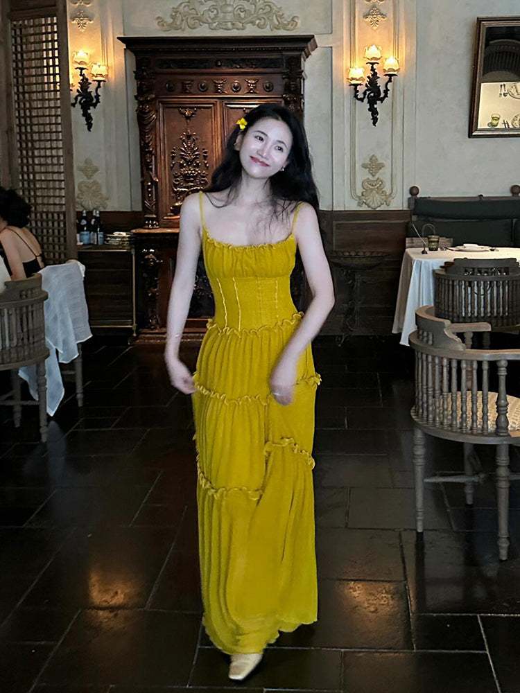 Mustard Yellow Ruched Ruffle Maxi Dress & Bright Summer Statement