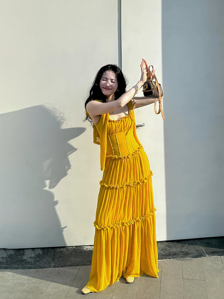 Mustard Yellow Ruched Ruffle Maxi Dress & Bright Summer Statement