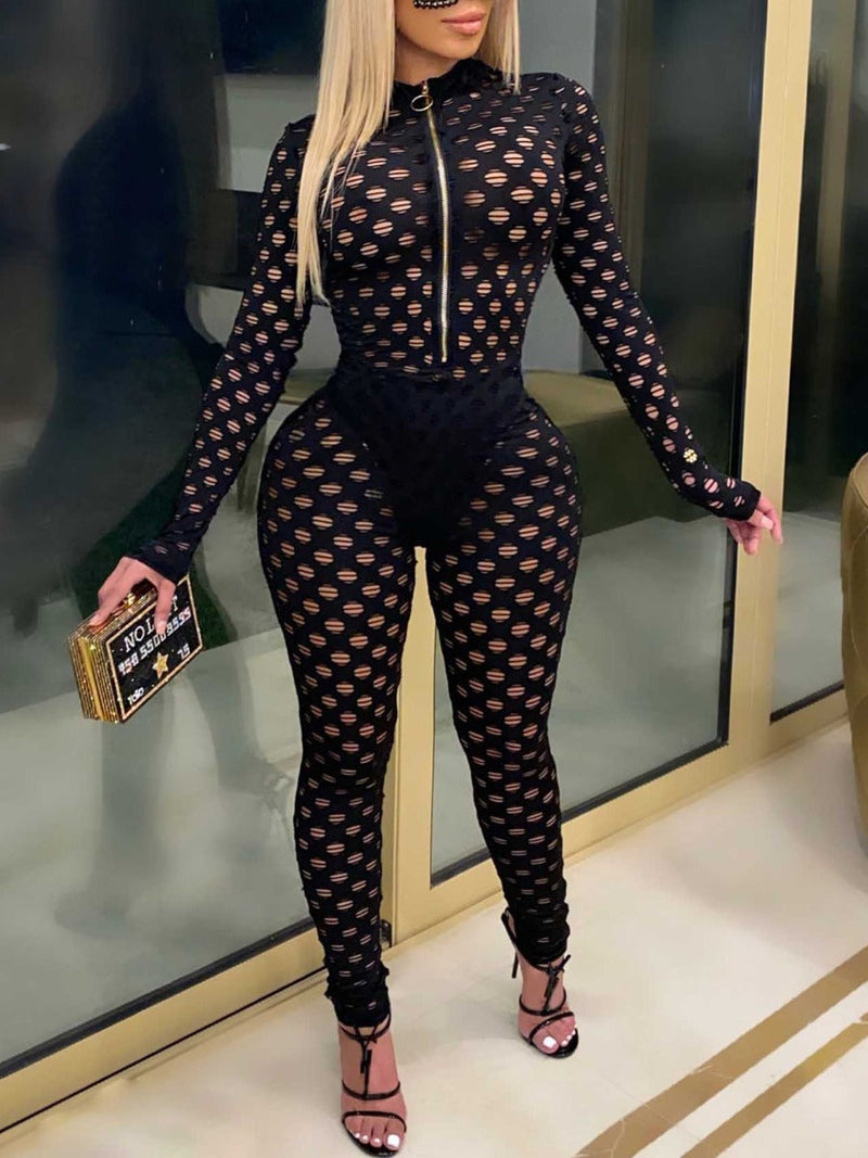 Sxy See Through Zipper Design Pierced Skinny Jumpsuit Bo2135