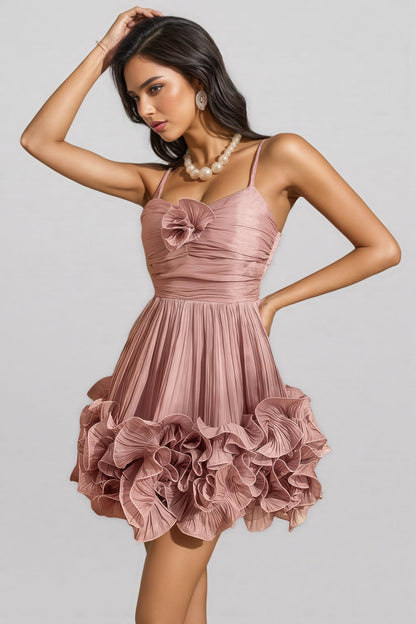 Kynlla Pink Spaghetti Flower Ruffle Mini Dress