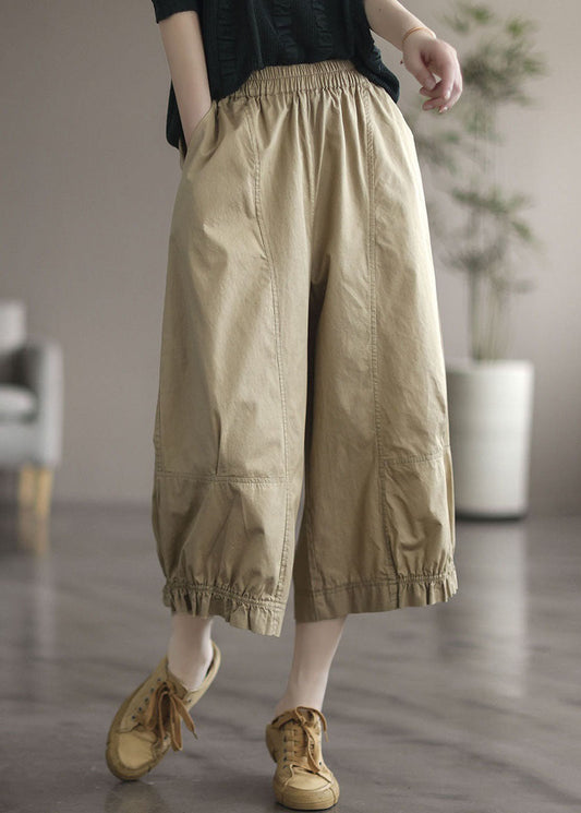 Natural Apricot Pockets Wrinkled Patchwork Cotton Crop Pants Summer Ly0580