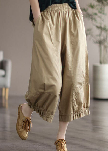 Natural Apricot Pockets Wrinkled Patchwork Cotton Crop Pants Summer Ly0580