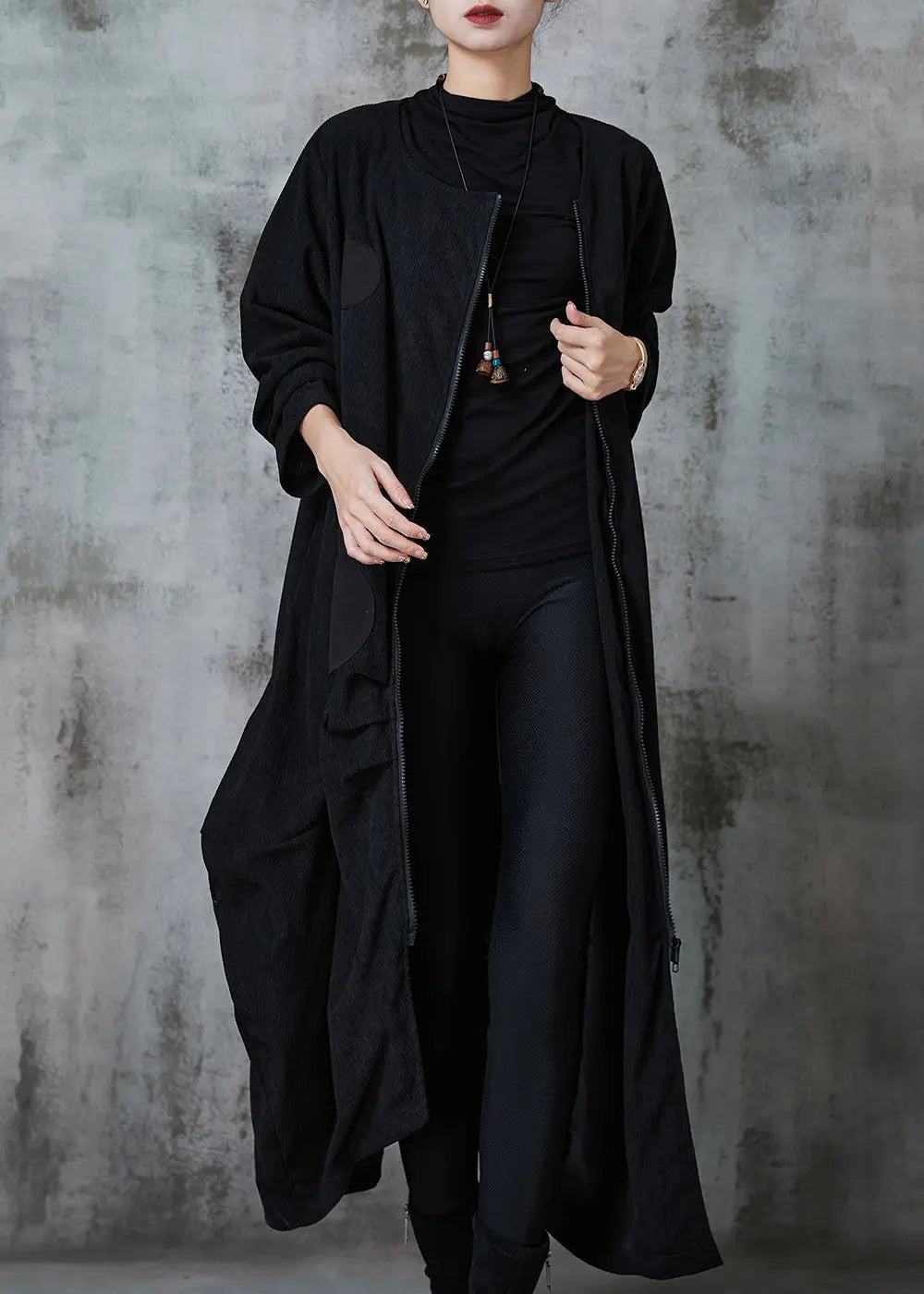 Natural Black Asymmetrical Zippered Cotton Coats Spring Jk1027