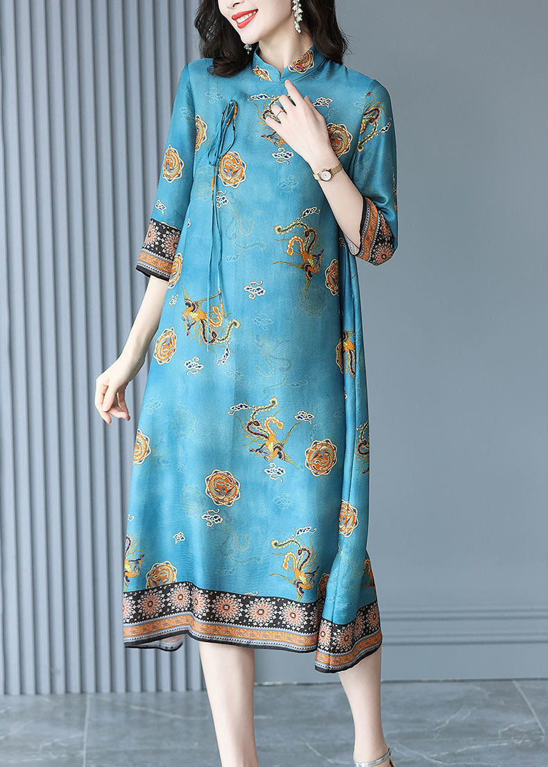 Natural Blue Mandarin Collar Print Silk Long Dress Bracelet Sleeve Fr2015